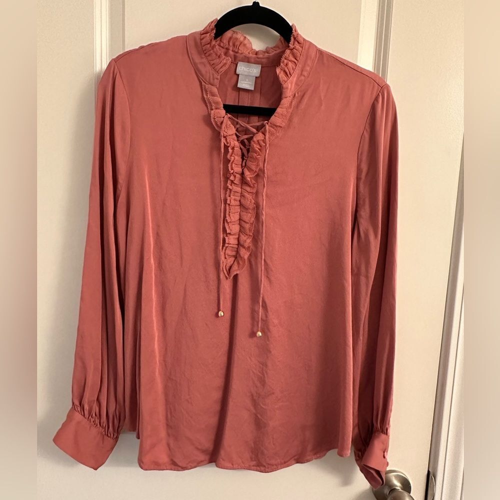 Chico’s Satin Ruffle Top Size 1 US M Long Sleeve Chiffon Details Burnished Rose